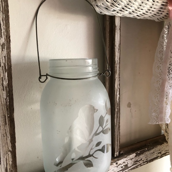 7448 Candle Holder Jar Frosted Bird Pattern Outtake Embellished Jar - Picture 3 of 7